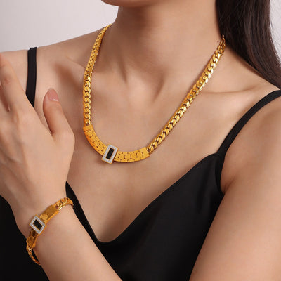 Gold exquisite light luxury geometric inlaid zircon and gemstone design versatile bracelet necklace set