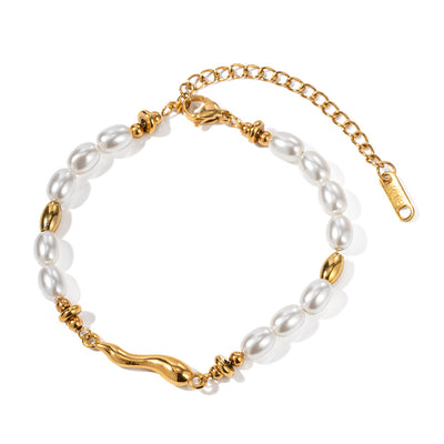18K gold retro fashion special-shaped water drop and pearl design bracelet - Syble's