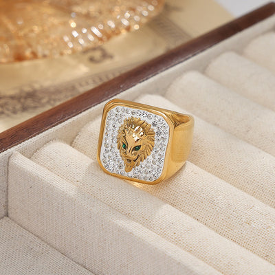Gold exquisite fashionable lion relief inlaid zircon design light luxury style ring