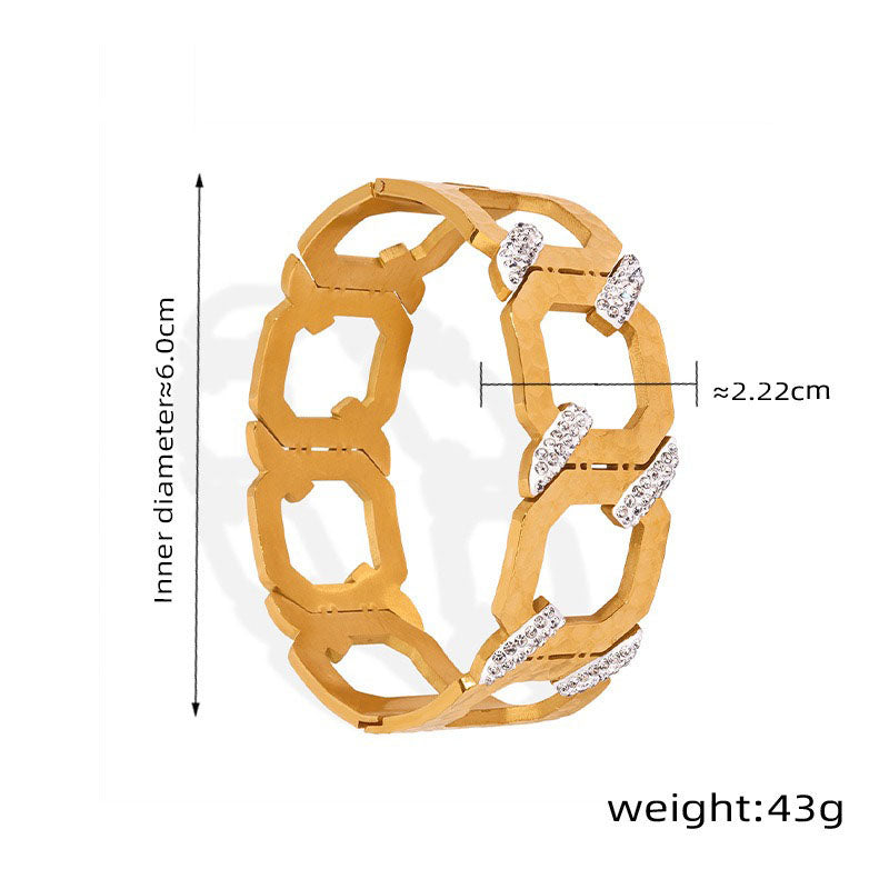 Gold simple and elegant geometric C-shaped inlaid zircon design hip-hop style bracelet